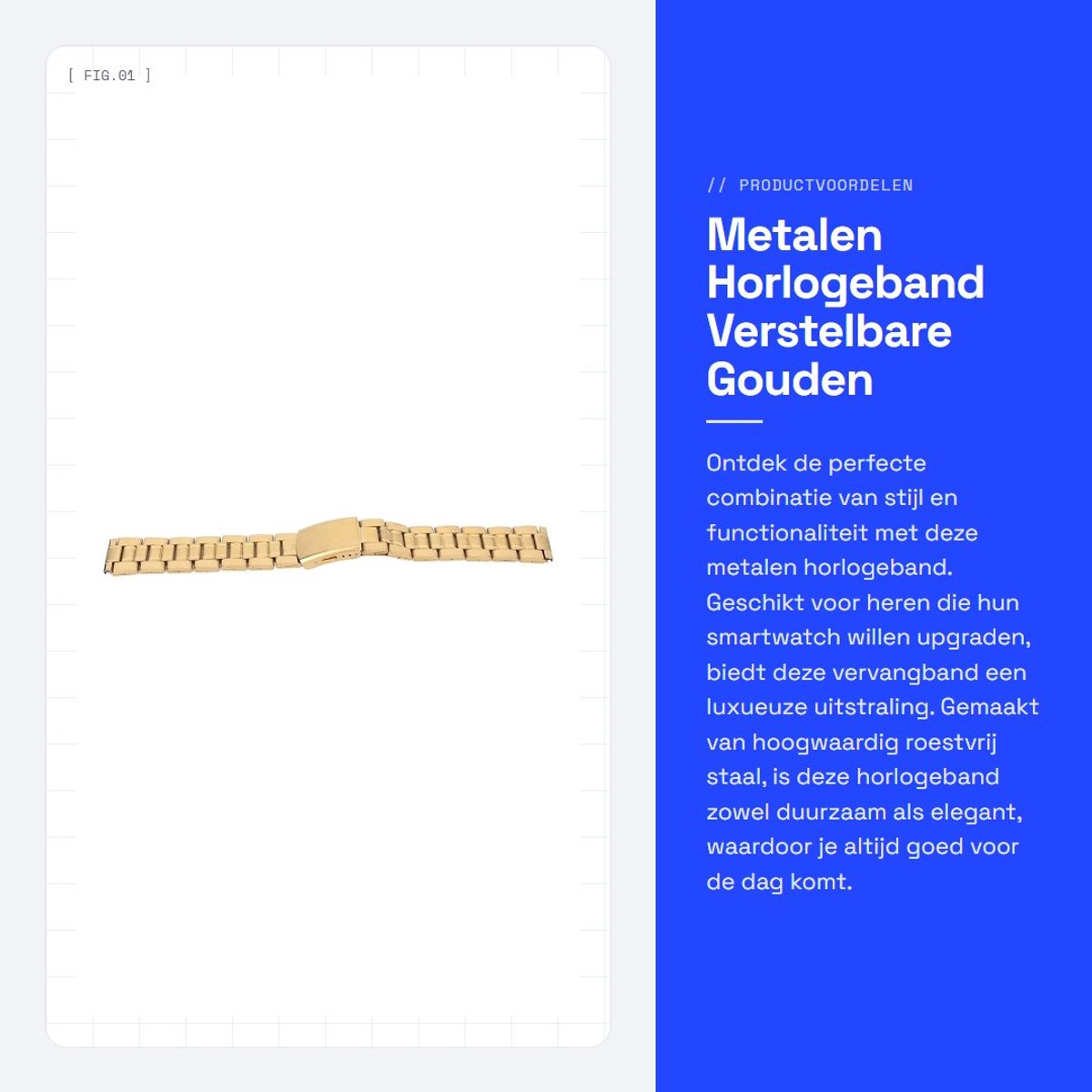 Dailygoods - Metalen Horlogeband - Verstelbare Gouden Sluiting - Luxe Design - 20mm - Roestvrij Staal - Vervangingsband - Geschikt voor Smartwatch - 20mm