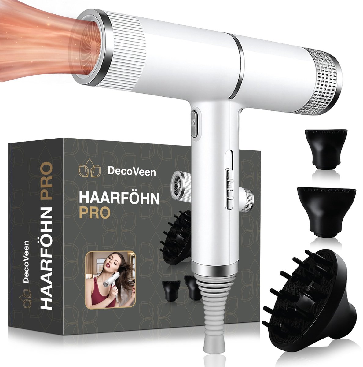 DecoVeen® Ionische Föhn met Diffuser – Professionele Haardroger met High Speed AC Motor – Sneldrogende Hair Dryer – 3 Snelheidsstanden – Inclusief 3 Opzetstukken – EU Stekker – Zwart