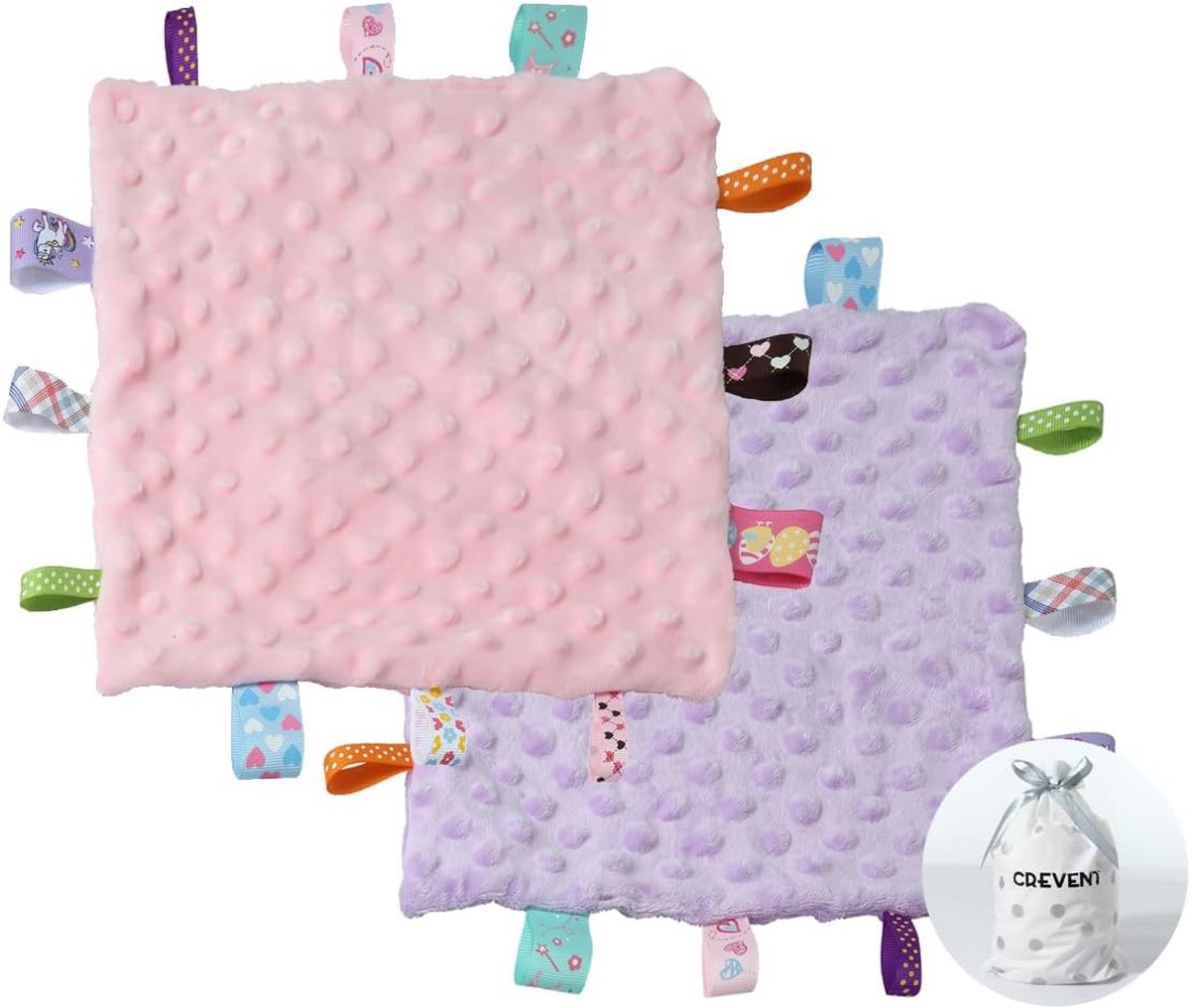 Baby knuffeldeken - Liefdesdeken sensorische deken - Baby comfort - Met taggies - 24x24 cm - Paars en roze