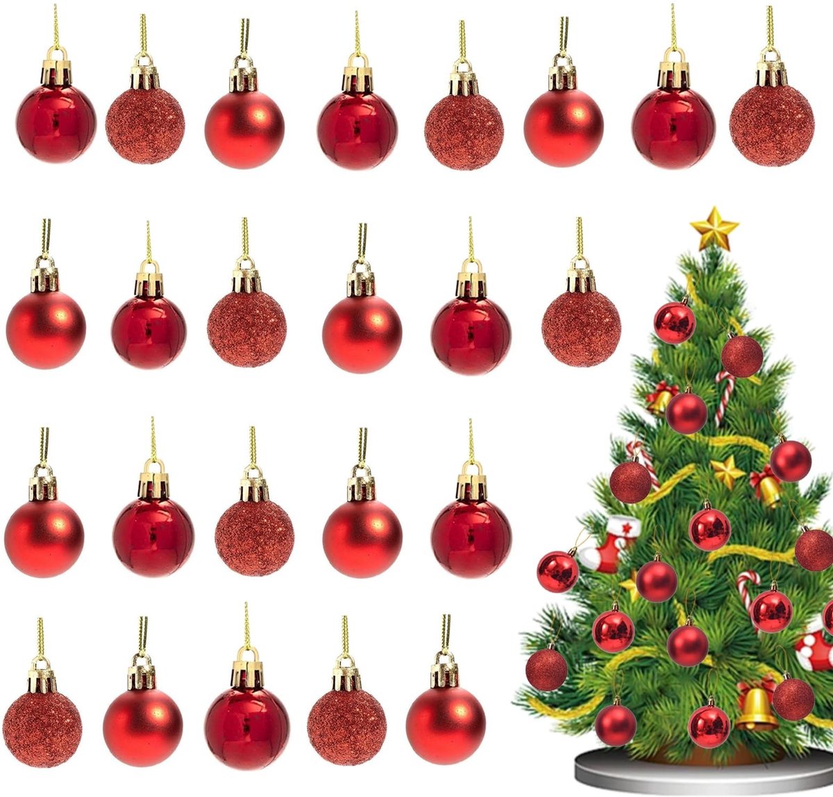 Dailygoods- Kerstballen 24 stuks - Onbreekbaar - Mini 30 mm - Rood - Glitter/mat/glanzend - Perfect voor kerstdecoratie