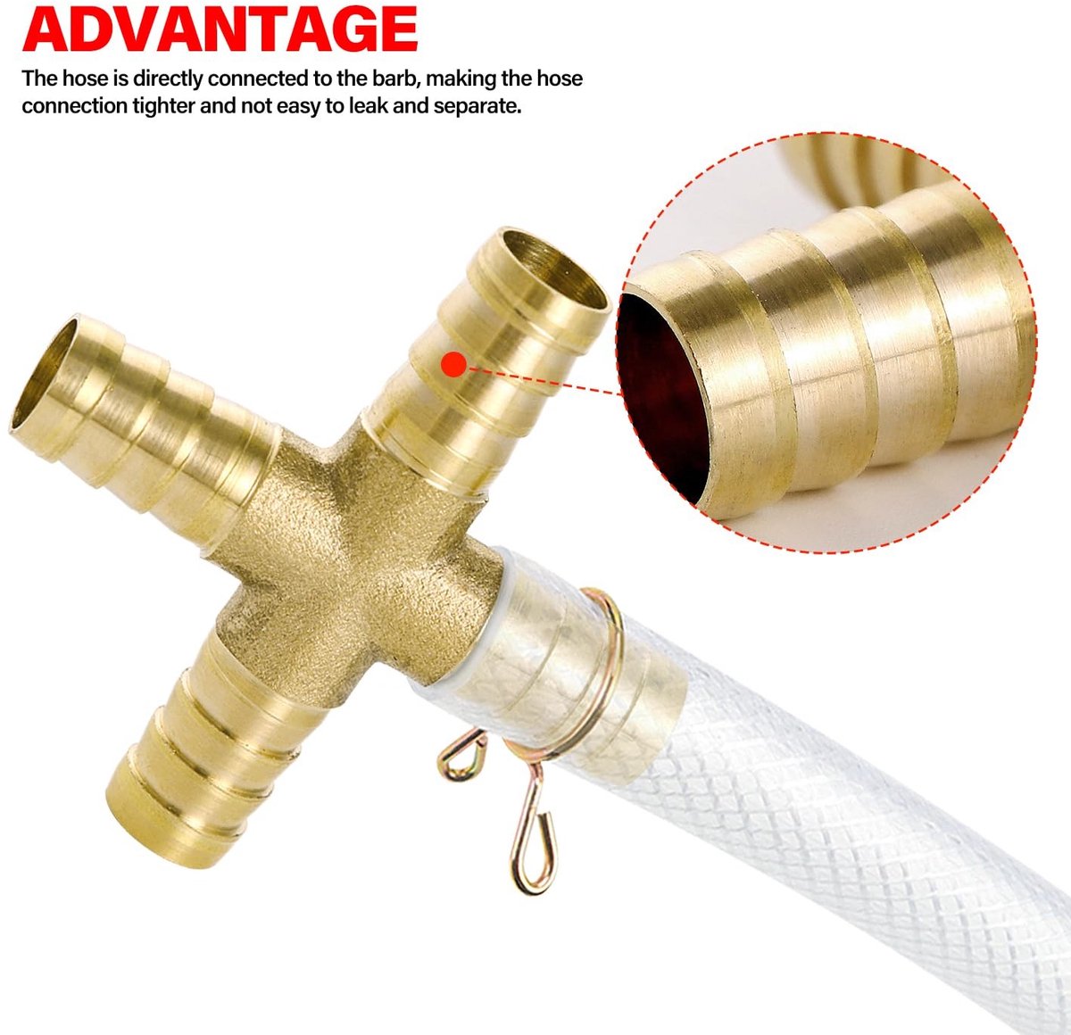 Dailygoods- Slangpilaar 4-Weg Messing Aansluiting - 4 Stuks (6/8/10/12 mm) - Inclusief 16 Slangklemmen - Temperatuurbestendig tot 100℃ - Massief Messing - Geschikt voor Brandstof/Lucht - Slangverbinder