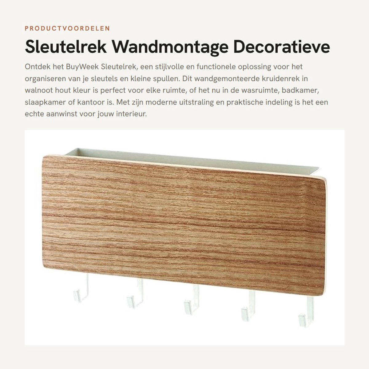 Dailygoods- Sleutelrek Modern - Houten Decoratieve Opberghouder - Muurbeugel - Organizer - Opslagdoos - Afmetingen 18 x 9,5 x 3 cm - Sleutelhanger