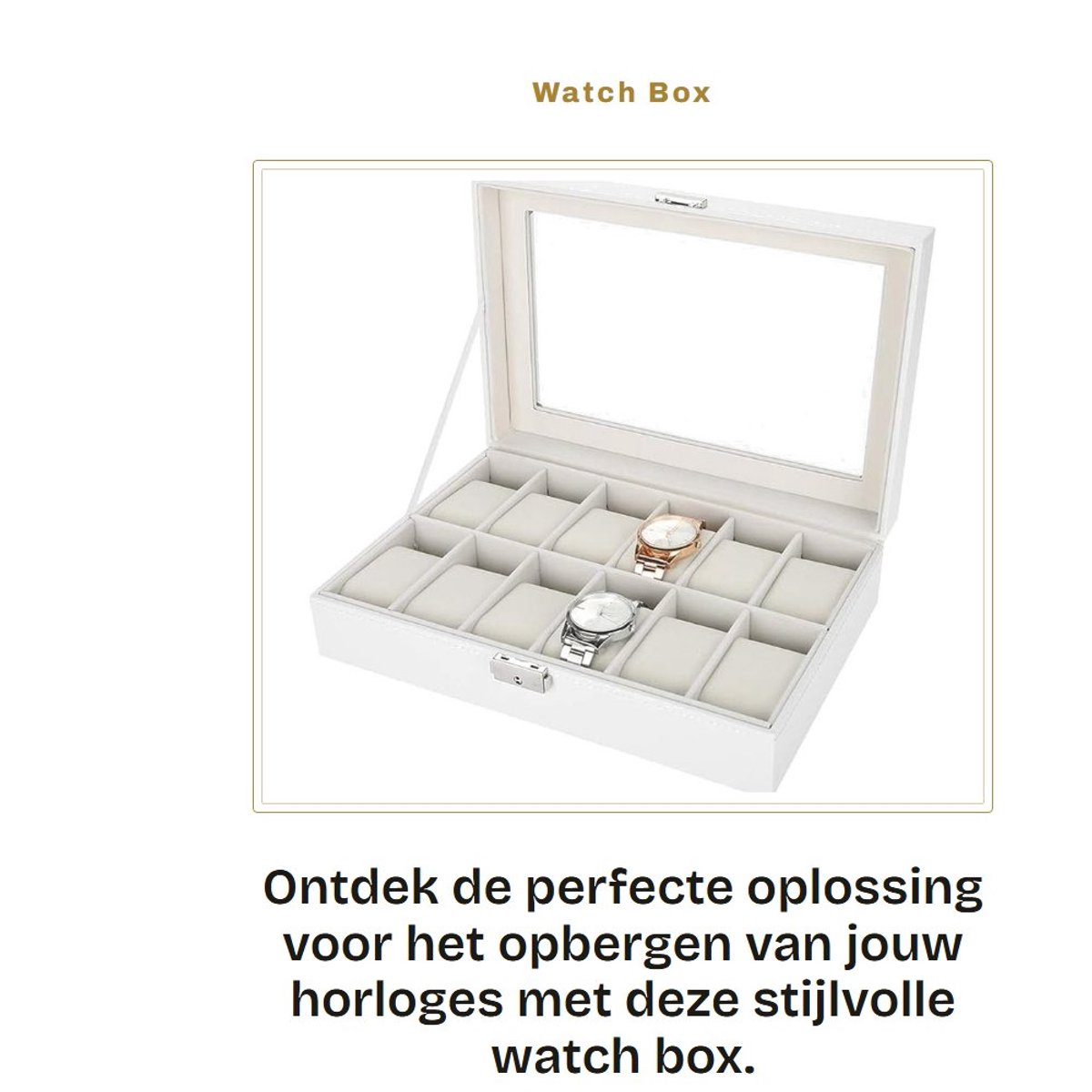 Dailygoods- Horloge Box 12 Compartimenten - PU Leer - Glazen Deksel - Opbergdoos voor Horloges - Robuust en Duurzaam - Geschikt voor Presentatie - Horlogeopbergdoos