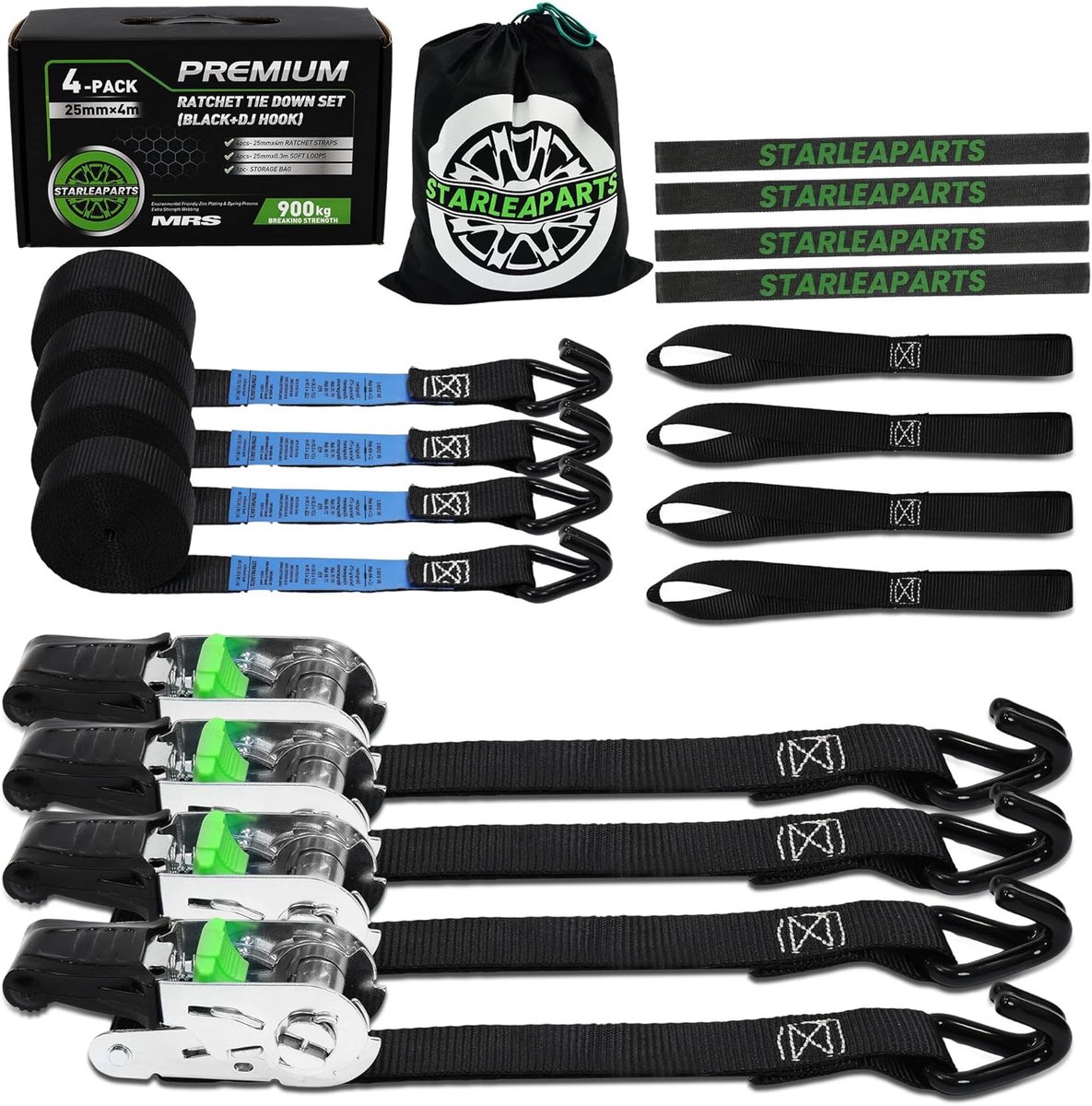 Spanbanden - Met ratel - Voor motorfiets - Set van 4 - 25 mm x 4 meter