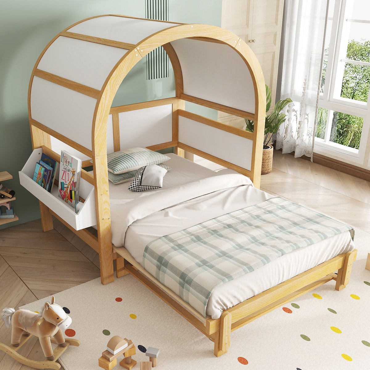 DESMIU Dakbed 140x200 cm – Uitschuifbaar Kinderbed – Met Extra Slaapplaats En Zijplank – Voor Kinderkamer – Hout En MDF – Wit En Naturel – Zonder matras Natuurhout