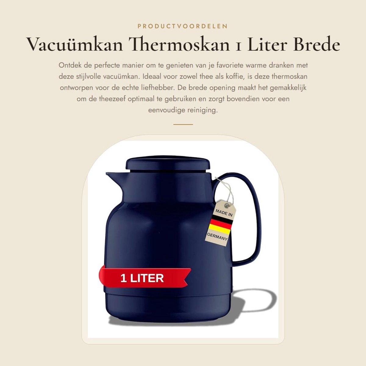 Dailygoods- Vacuümkan 1 Liter - Isoleerkan - Thermoskan - Brede Hals - Theezeef - Eenvoudig schoon te maken