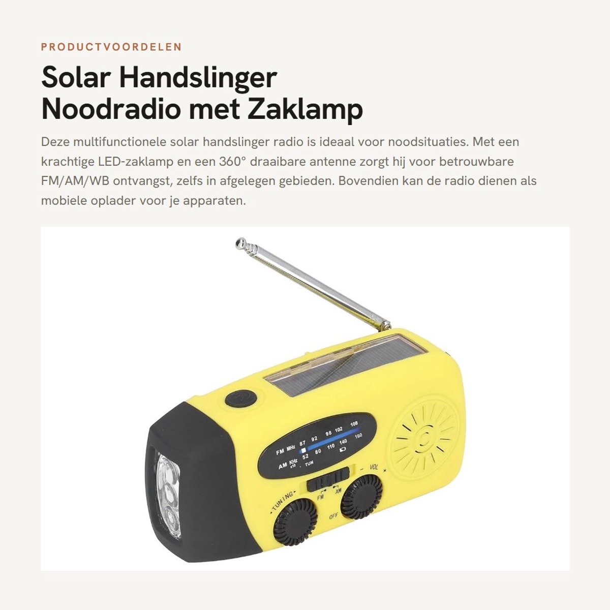 Dailygoods- Noodradio Multifunctioneel - Noodradio FM/AM/WB - Solar/Opwindbaar - Zaklamp LED - Draagbare Radio - 1200 mAh batterij - Crankradio