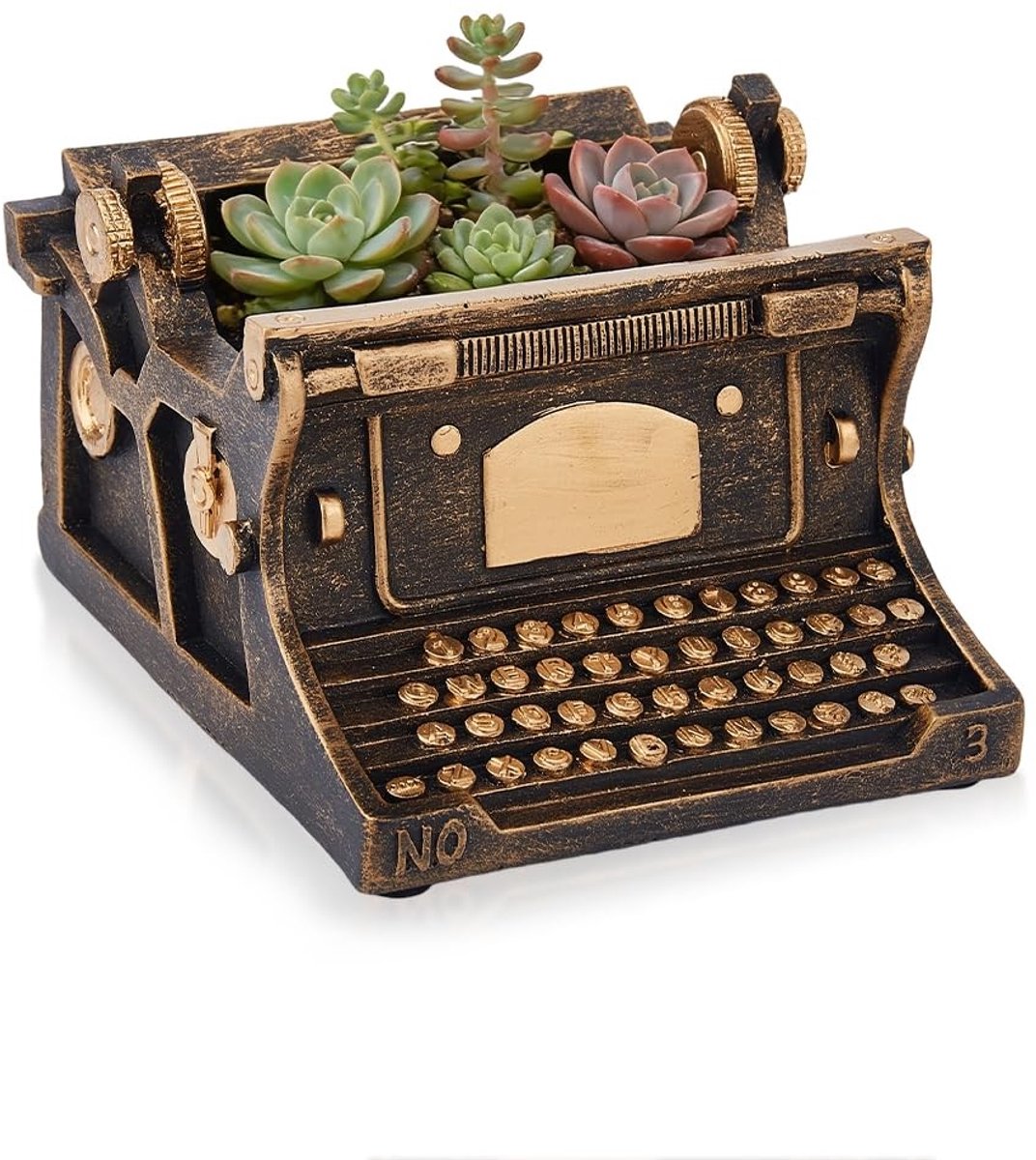 Dailygoods- Bloempot Retro Typemachine - Decoratieve Plantenbak - Vetplant Pot - Harsmateriaal - 13 x 13,6 x 9,3 cm - Duurzaam en Stevig