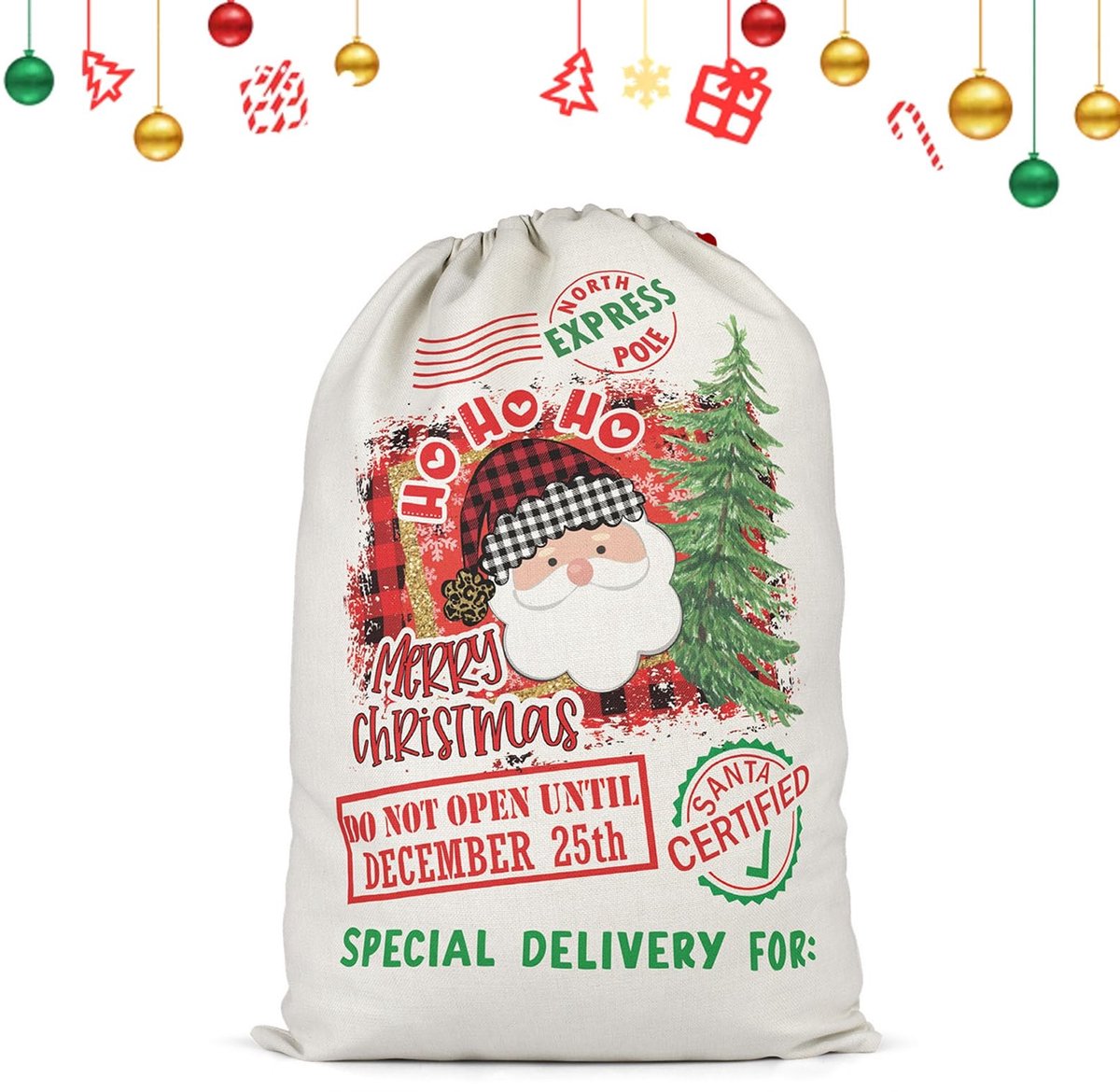 Dailygoods- Kerstman Zak Extra Groot - Cadeautas - Geschenkzak - Katoenen Zak - Trekkoord - 64x48 cm