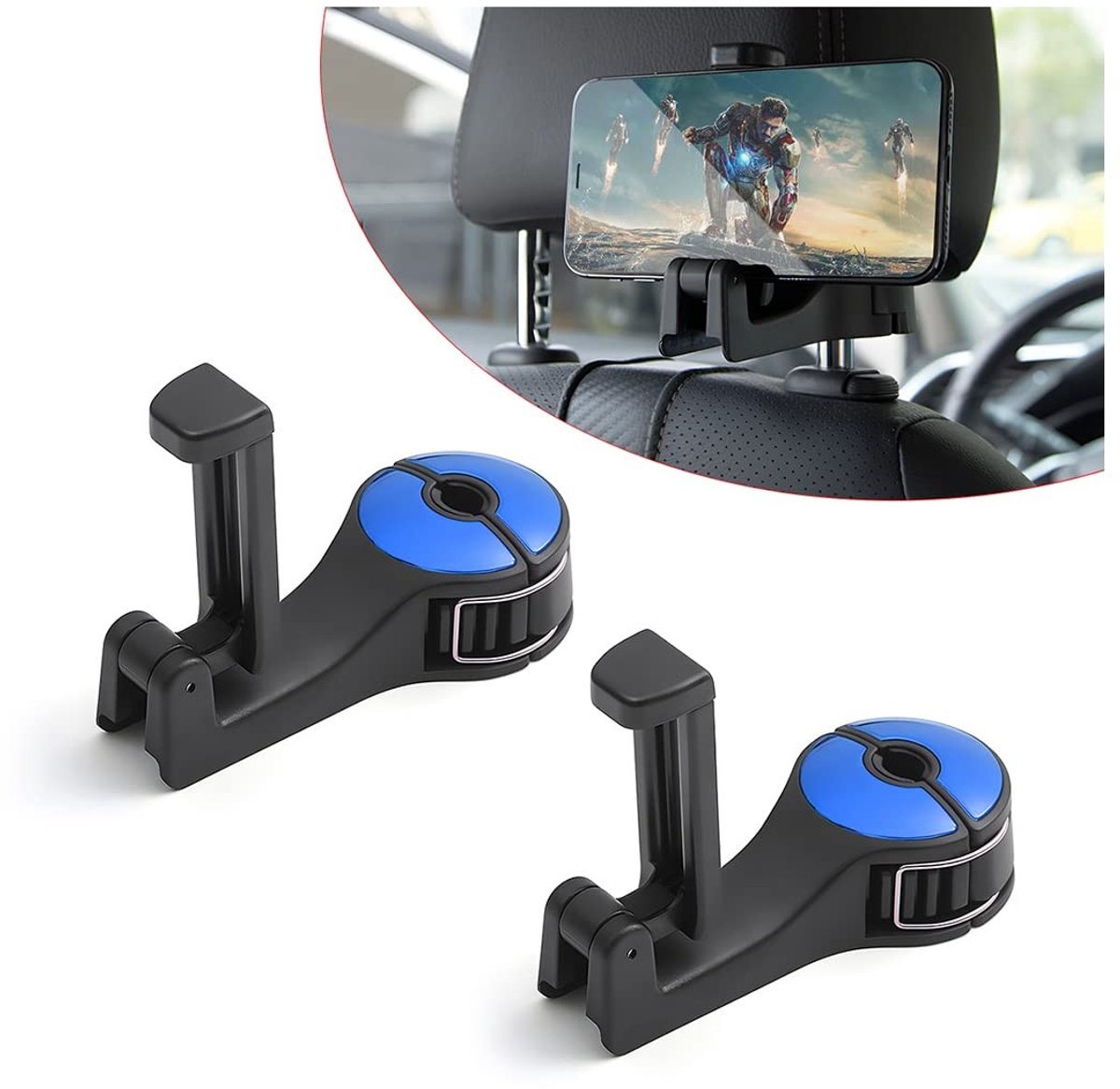 Dailygoods- Opbergtas Duurzaam - 2-in-1 Auto Hoofdsteunhaak - Telefoonhouder - 360° Rotatie - Verstevigd - Draagvermogen 15 kg - Autohaak