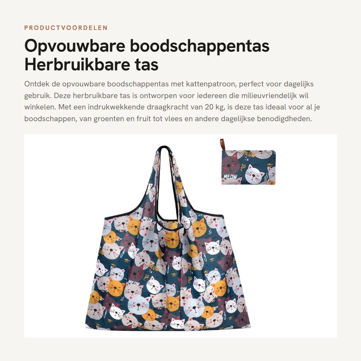 Dailygoods- Boodschappentas Opvouwbaar - Herbruikbaar - Kattenpatroon - Draagtas 50x66cm - 20kg Capaciteit - Klein Binnenvak - Herbruikbare Tas