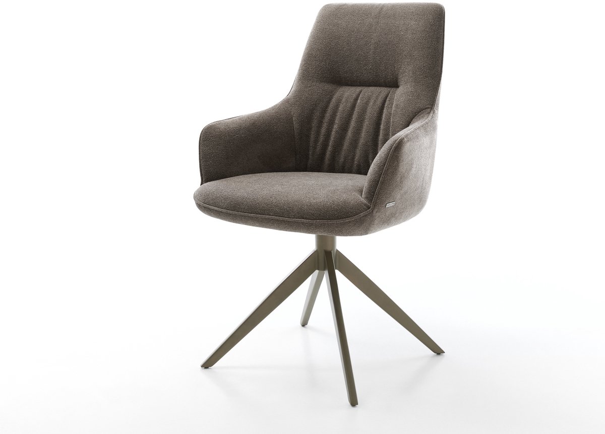 Eetkamerstoel Zelia-Flex met armleuning kruisframe breed afwerking met titanium zachte stof met structuur taupe 360° draaibaar rocker-functie pocketveer kern