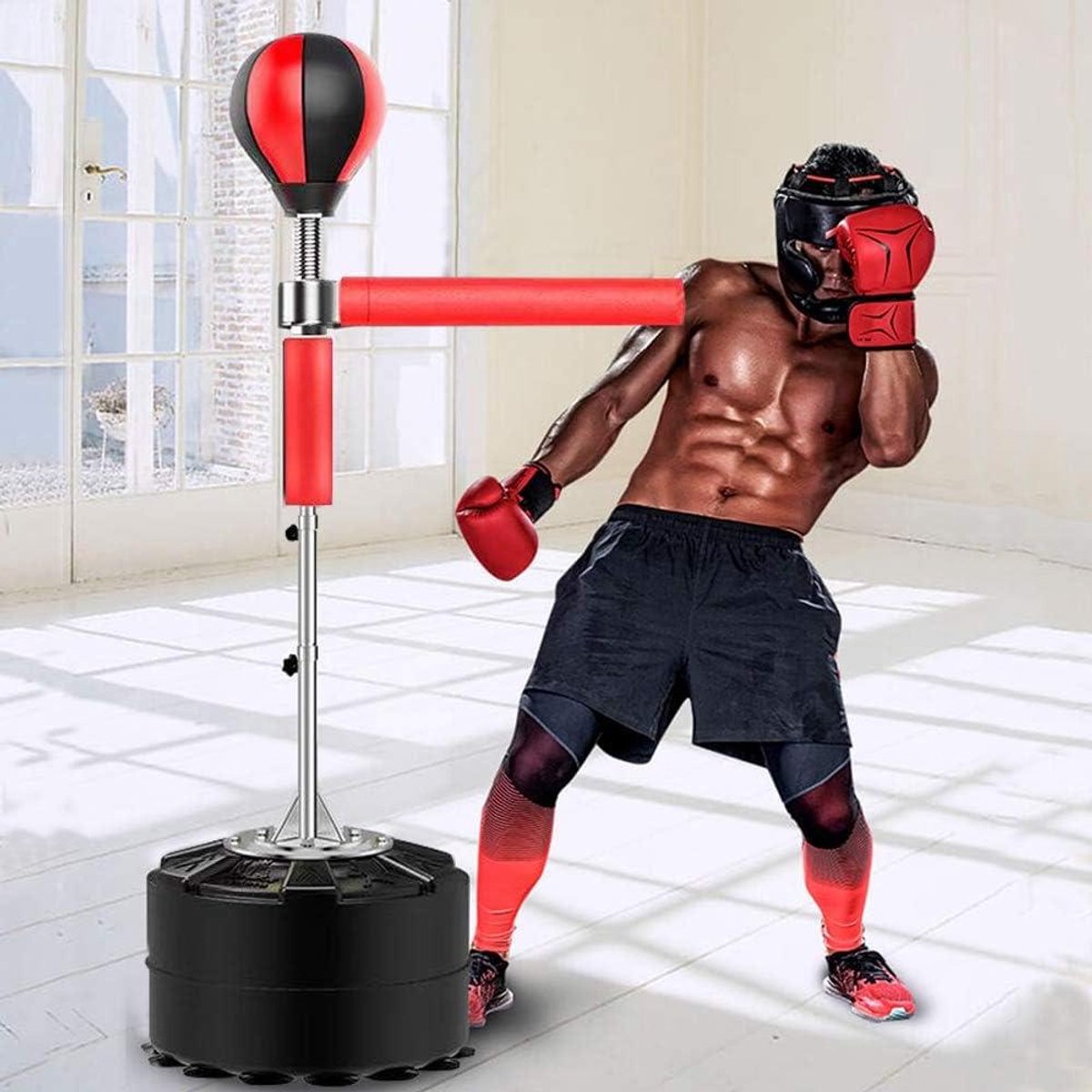 Bokszak Staand - Boksbal Volwassenen - Reactietraining - 360 Graden Reflexbar - 120-190 cm - Rood