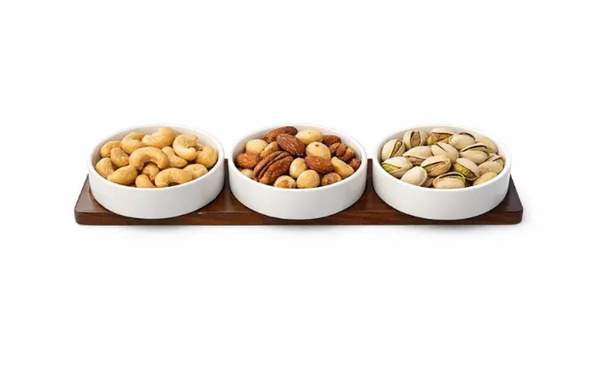 SORA - Snackkommen - 4-delig - keramiek en hout - wit - met houten serveerschaal