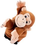 Marionnette singe marron en pose active, bras levés.