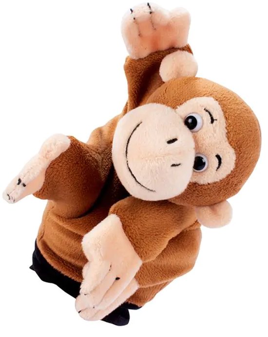 Marionnette singe marron en pose active, bras levés.