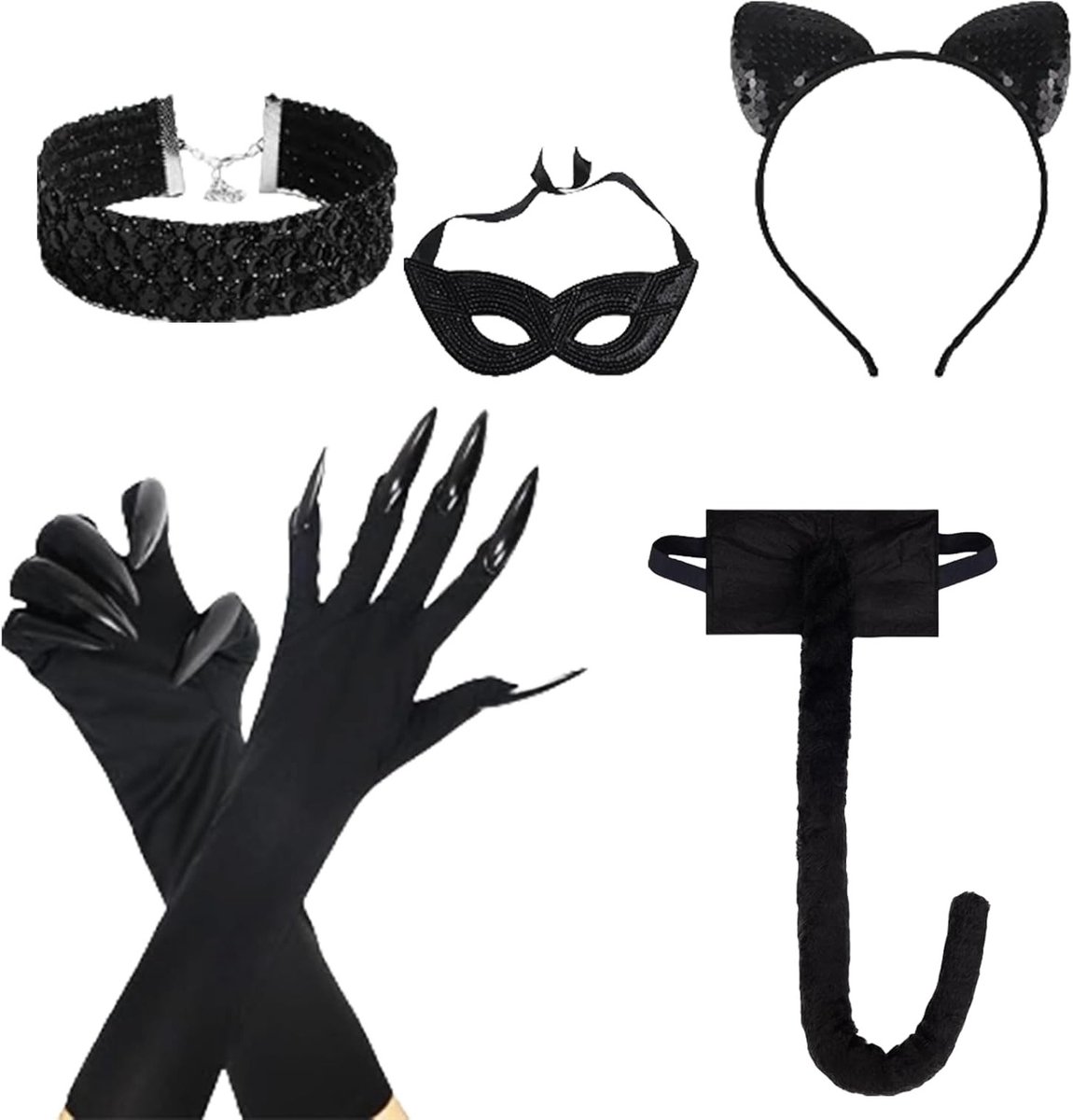 Zwart Kat Kostuum voor Vrouwen met Hoofdband, Masker, Choker, Handschoenen en Staart voor Halloween en Cosplay Accessoires