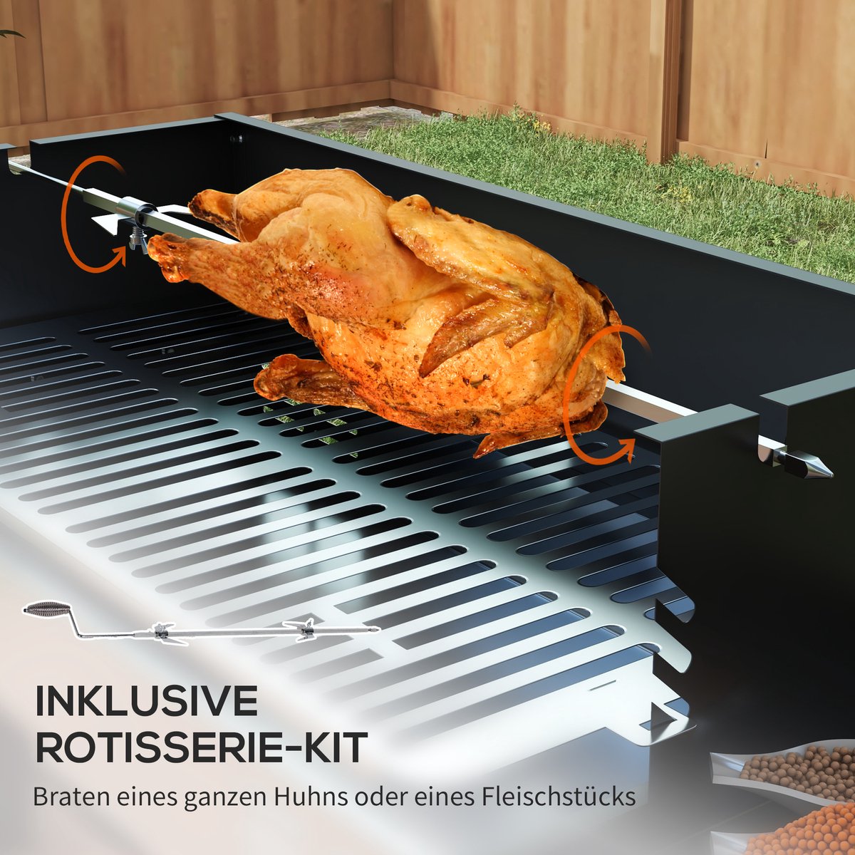 Houtskoolbarbecue BBQ-grill, verstelbaar rooster, 1 draaispit, 118 x 32 x 90 cm, Zwart + Zilver – foto 6