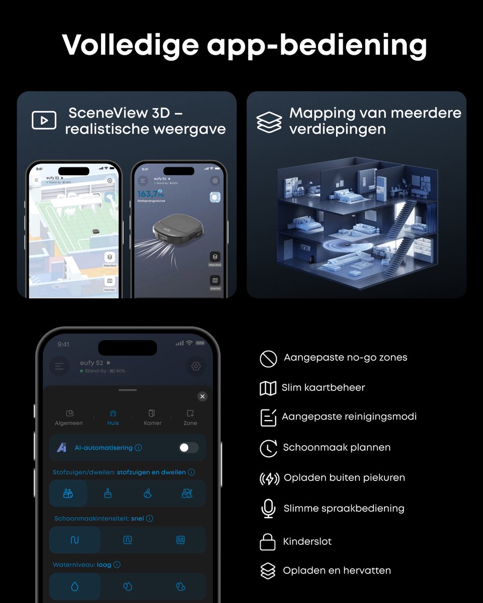 eufy S2 Nieuw 2026 Stofzuiger- en Dweilrobot HydroJet, 30kPa AeroTurbo™ 2.0-Zuigkracht, Vloerreinigingssysteem 2.0, EcoClean™ Elektrolyse, Randreiniging, Haarvrije DuoSpiral™ Borstels, 12-in-1 UniClean™ Station — afbeelding 7