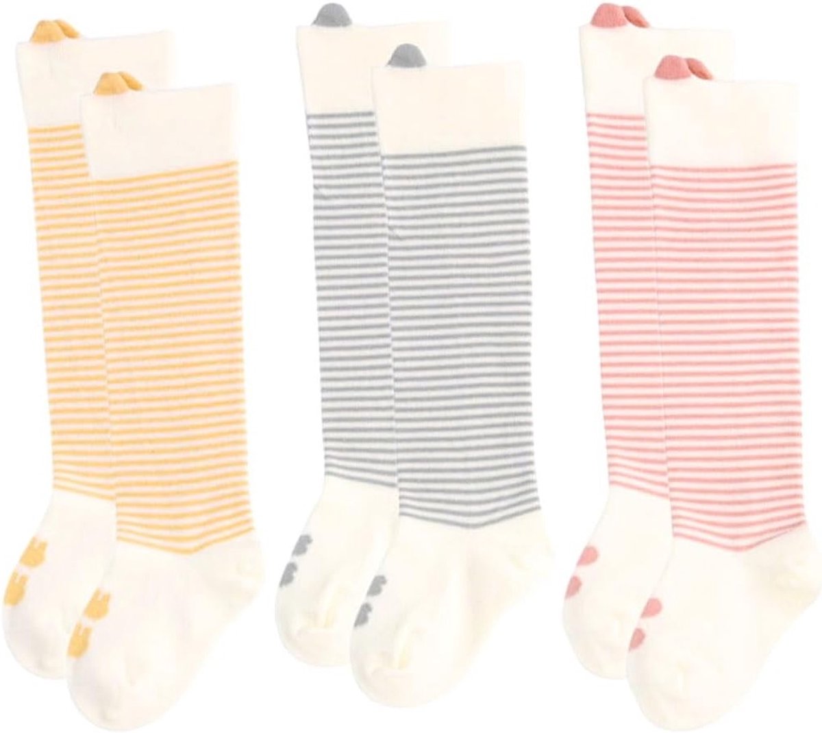 3 Paar Meisjes Knie Hoge Sokken met Strepen voor Jongens en Meisjes, Katoen, 6-12 Maanden, Roze, Comfortabel en Ademend