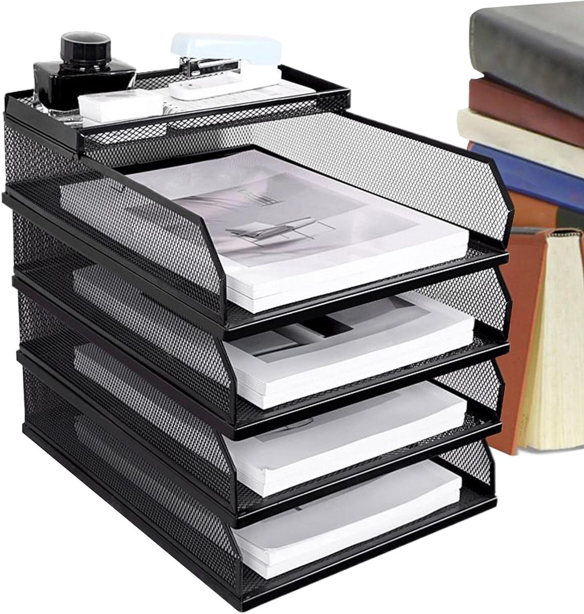 Bureau Organizer - Papier Sorteerder - Documenten Sorteren - Stevige Metalen Constructie - Vier Lagen - Zwart