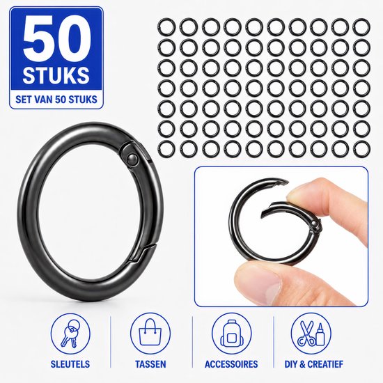 Set van 50 zwarte ronde karabijnhaken, 25 mm, getoond met illustraties voor sleutels, tassen, accessoires en DIY.