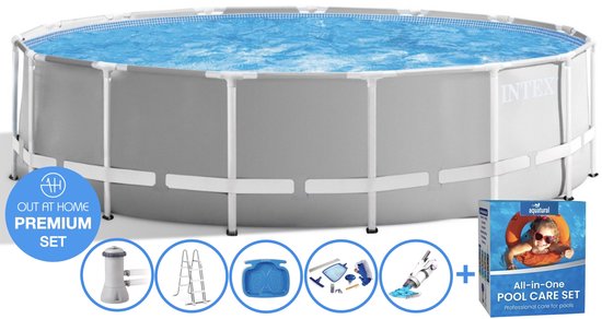 Out at Home Premium zwembadset inclusief rond grijs Intex zwembad, filterpomp, trap, voetenbad, reiniging en chemie.