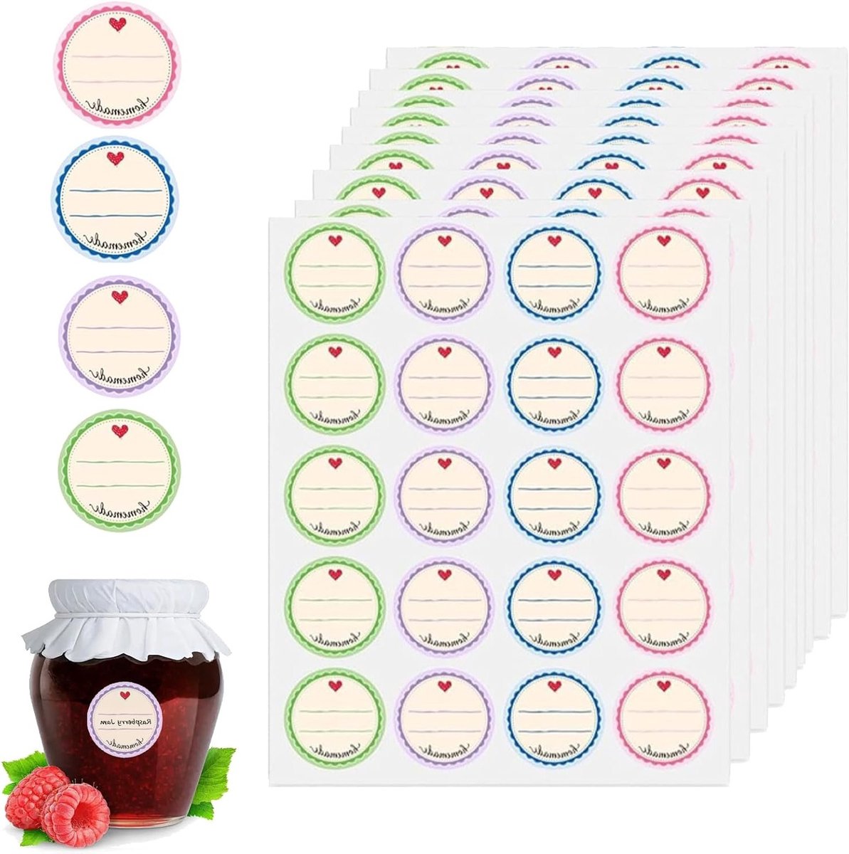 Set van 400 Zelfklevende Jamlabels in 4 Kleuren - Decoratieve Stickers voor Potten, Kruidenspecerij Labels en Erasable Etiketten voor Bakken en Cadeauverpakkingen