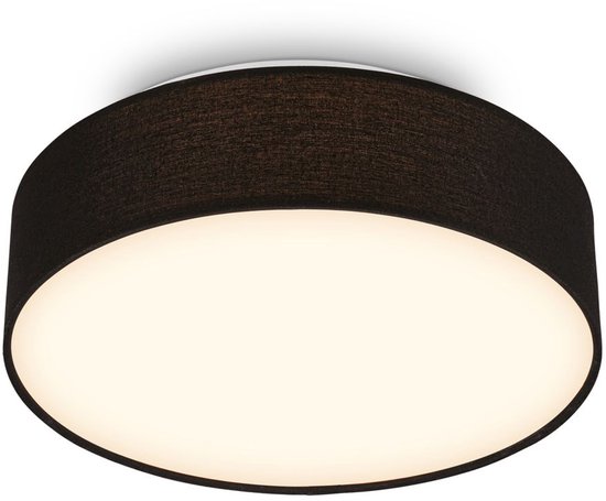 Zwarte ronde plafondlamp met stoffen kap en diffuus, warmwit licht.