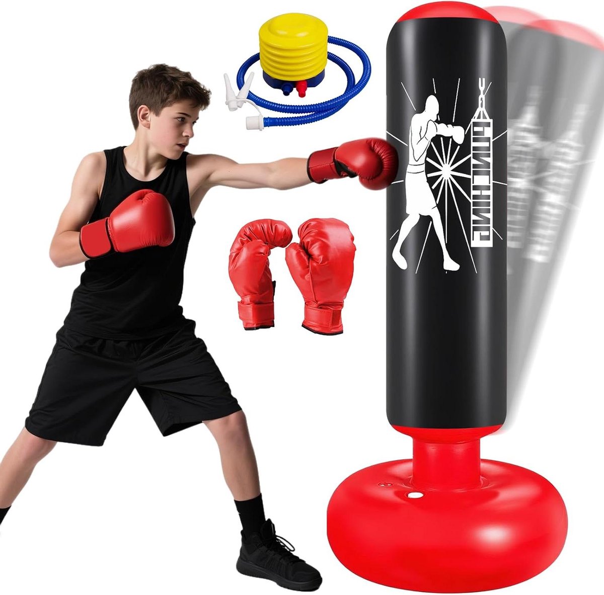 Opblaasbare Bokszak - Stootzak Kinderen - Sporten Thuis - Inclusief Handschoenen Pomp - 160 cm - Zwart