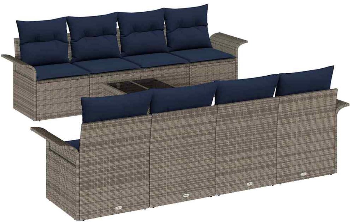 vidaXL - Tuinbank - Set - met - kussen - 9 - pcs - Grijs - poly - rattan