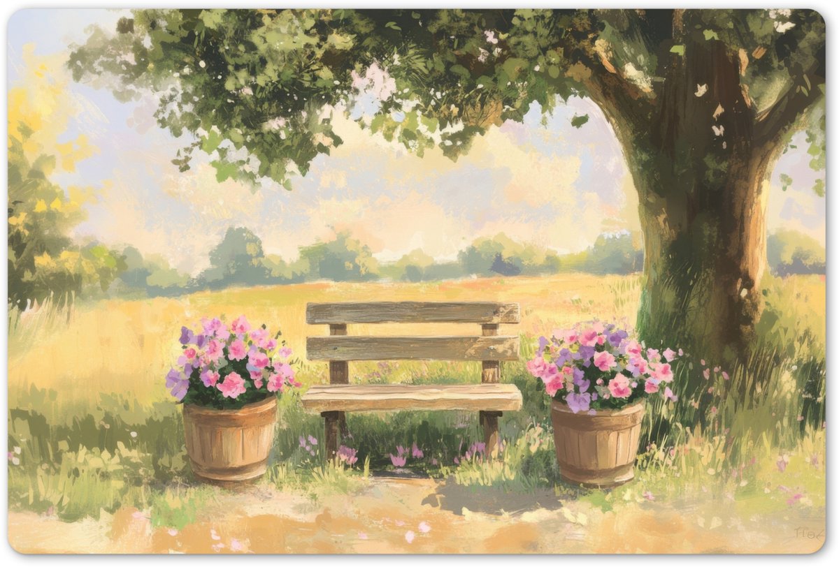 Placemats 45x30 cm - Placemat kunststof - 1 stuk - Houten bankje - Bloempotten - Landschap - Borden onderleggers - Decoratie voor op tafel - Keuken tafeldecoratie accessoires - Vinyl onderlegger - Tafelversiering
