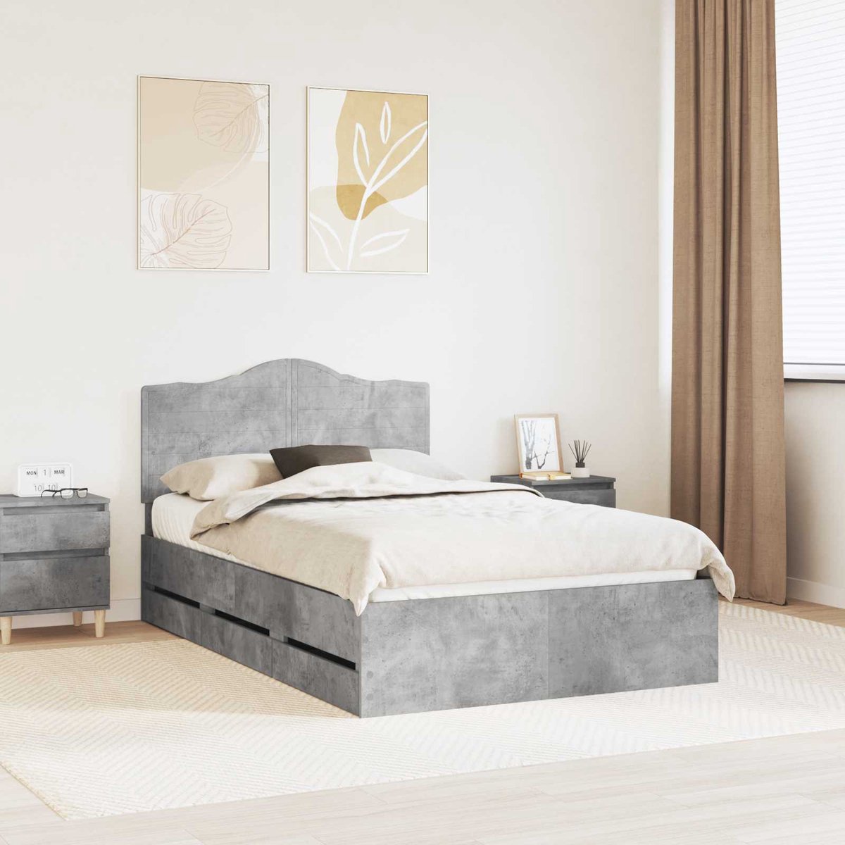 vidaXL Bedframe - met - lade - Beton - Grijs - 135 - x - 190 - cm - Ingenieurshout Beton grijs