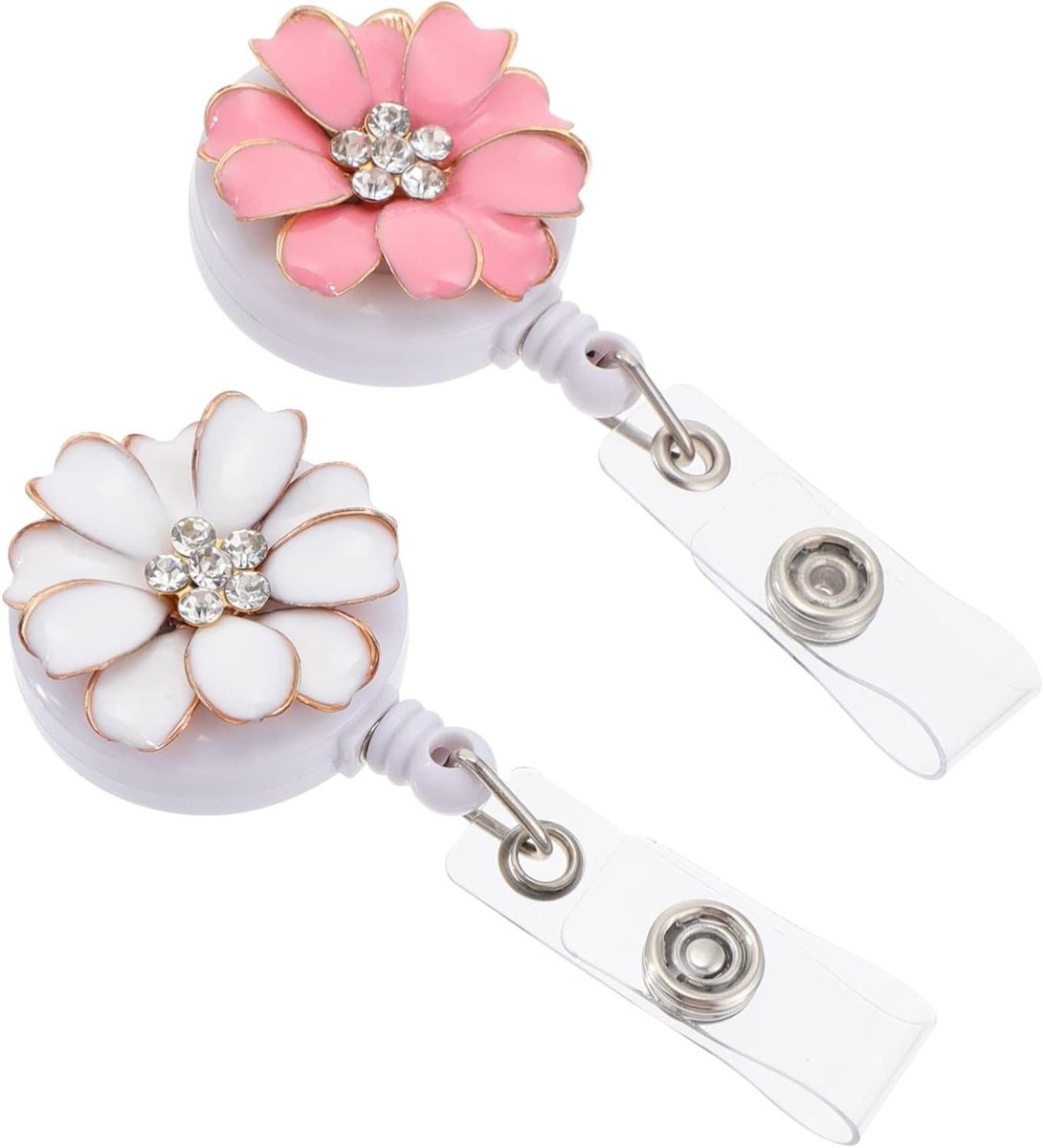 Naambadgehouder met Bloemen - Badgeclip Intrekbaar - Identificatie Tonen - Bloemen Strass Decoratie - 8.5 cm - Diverse Kleuren