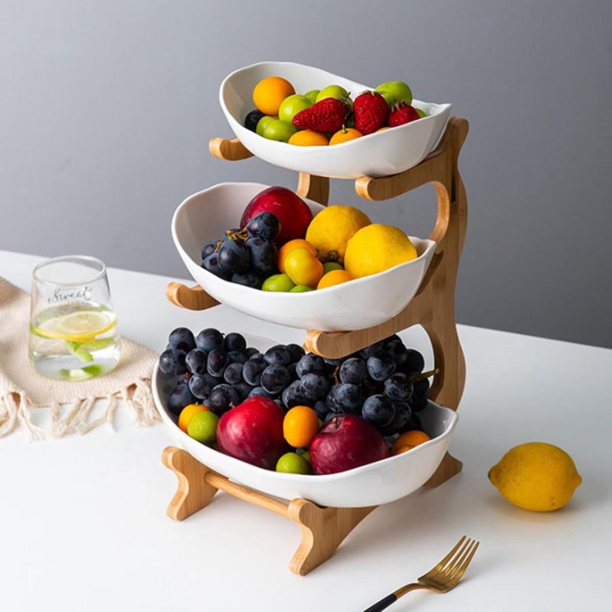 Keramische Fruitmand - Fruitschaal Houder - Keuken Opbergen - 3-Laags Ontwerp - One Size - Wit
