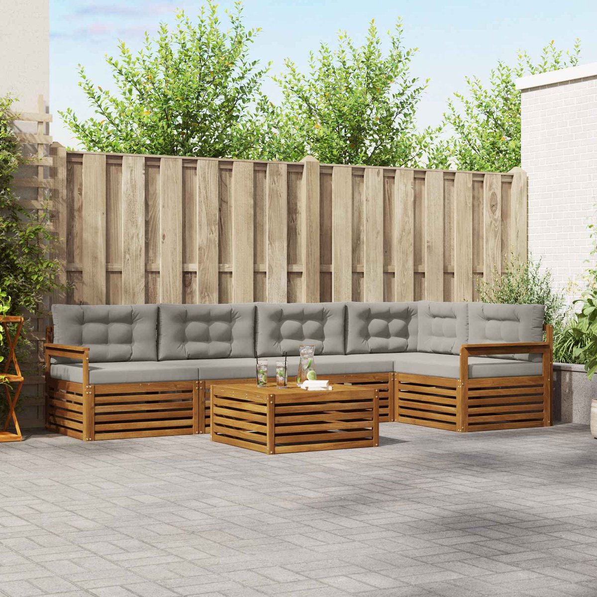 vidaXL Buiten - bank - set - 6 - st - 5-zits - Naturel - en - lichtgrijs Naturel en lichtgrijs