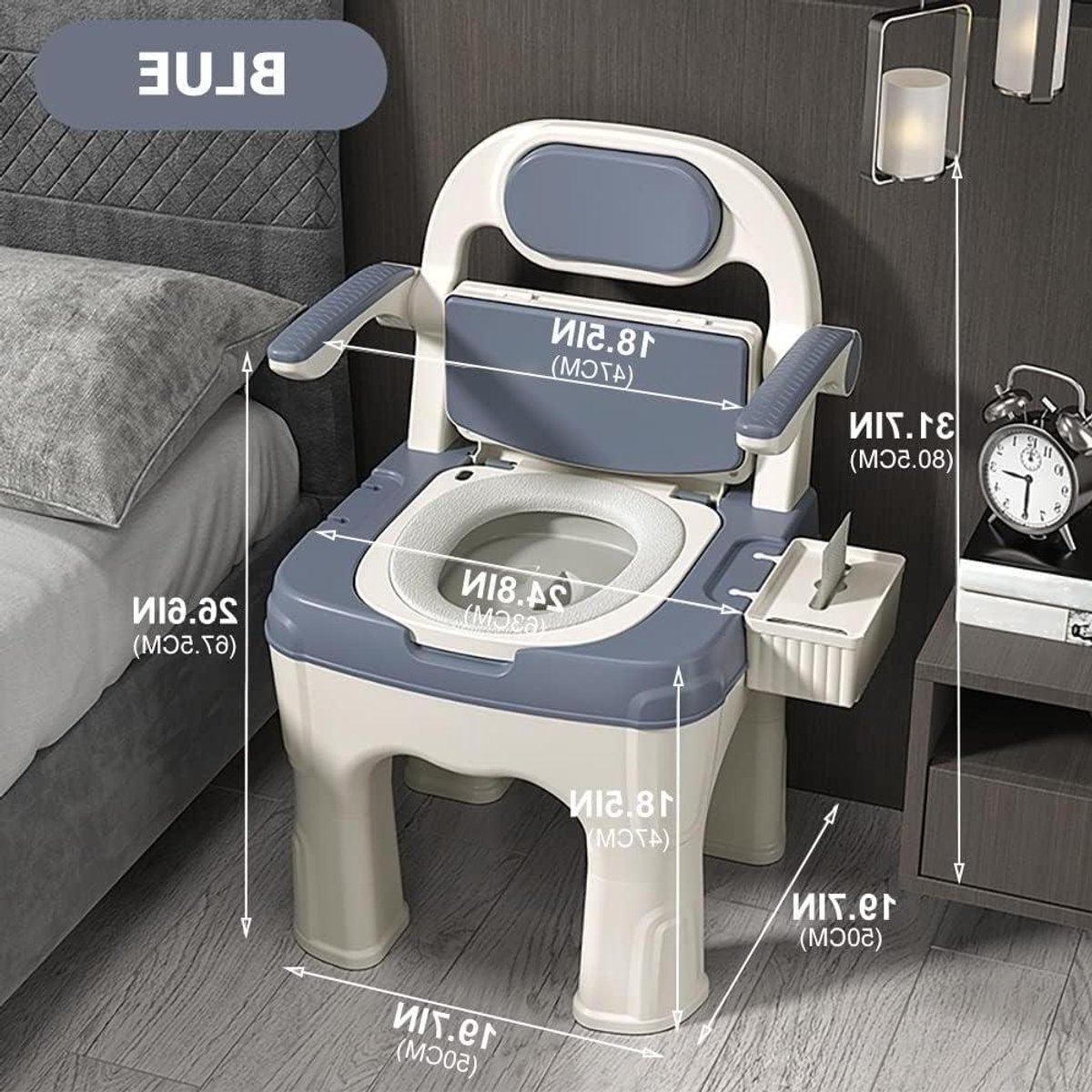 Commode Stoel - Postoel Rolstoel - Veilig Zitten - Zachte Rug en Kussen - Ondersteunt 300 kg - Blauw