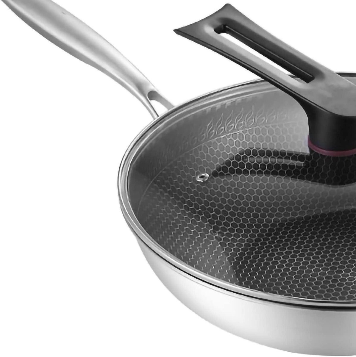 Roestvrijstalen Wokpan - Wok met Deksel - Thuis Koken - Dubbelzijdig Honingraatontwerp - 34 cm - Zilver