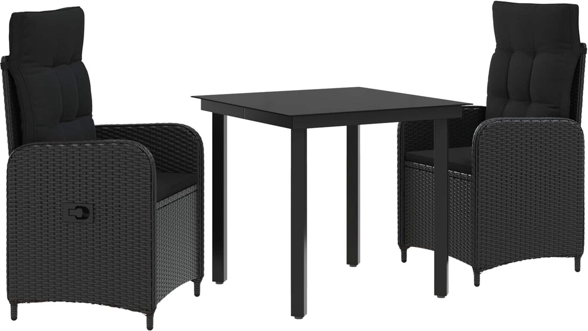 vidaXL Tuin - Eettafel - Set - 3 - st - Zwart - 80 - x - 80 - x - 74 - cm - Polyrotan