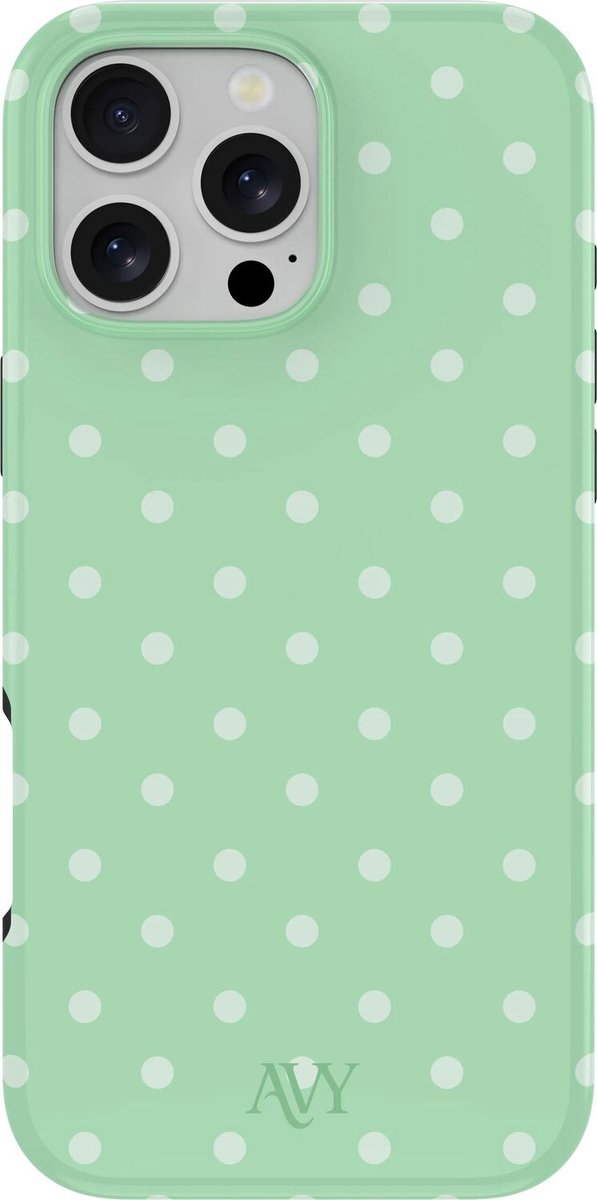 AVY Hoesje geschikt voor Apple iPhone 16 Pro Max | Mint Breeze | Polka Dots | Matcha & Wit | Hard Shell Back Cover | Compatibel met MagSafe & Qi2