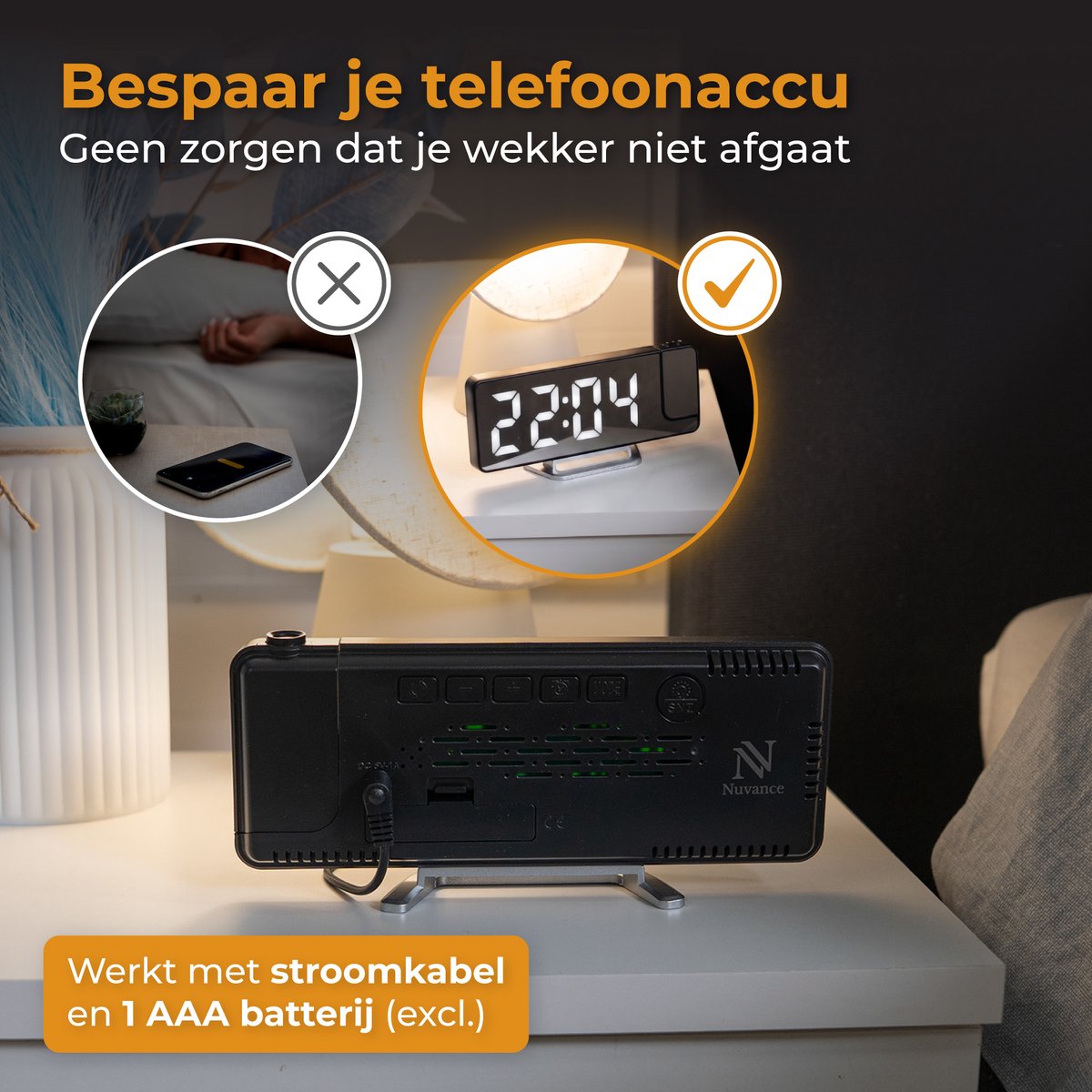 Nuvance Digitale Wekker met Projectie - Digitale Klok Slaapkamer - Snooze Functie - Wekkers Digitaal - Alarmklok — cadeau in Elektronica - foto 2