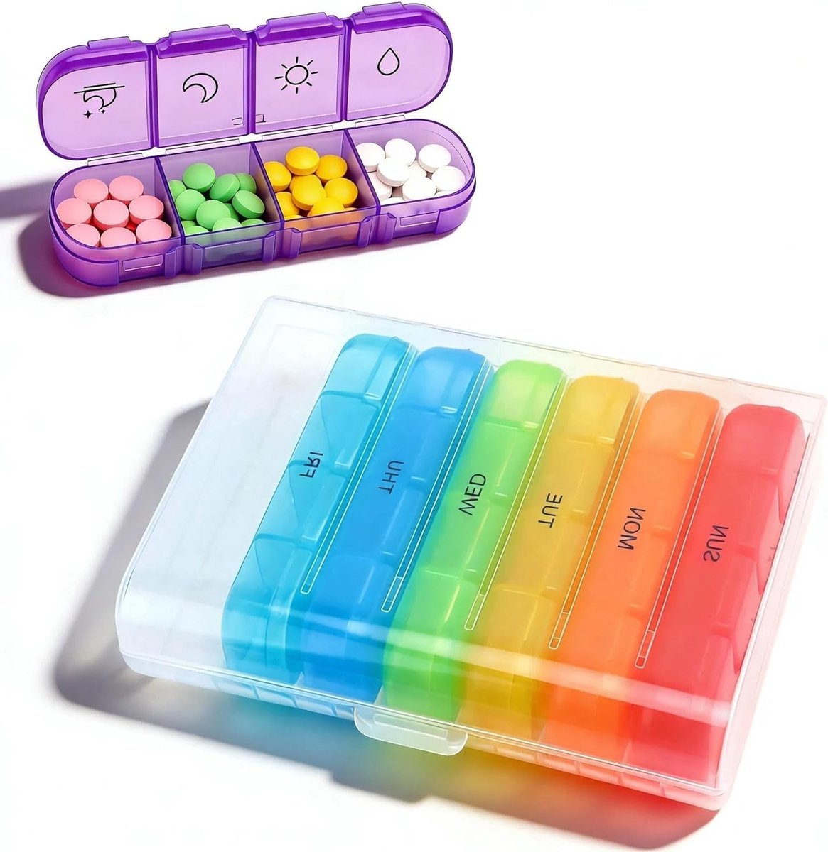 Kleurrijke tablettenbox voor 7 dagen, draagbare pillendoos met 28 vakken voor medicijnen, vitamines en supplementen, ideaal voor onderweg