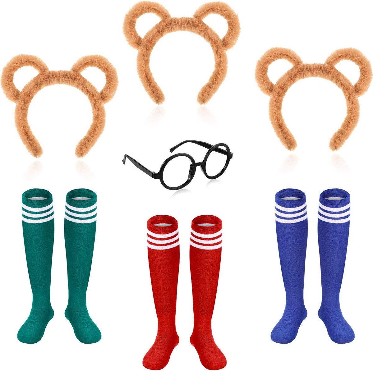 7-delig Eekhoorn Kostuum Set met Oren Hoofdband, Knie Hoge Sokken en Zwarte Ronde Bril voor Volwassenen en Tieners - Dieren Kostuum Accessoires, Feestkleding, Verkleedkleding