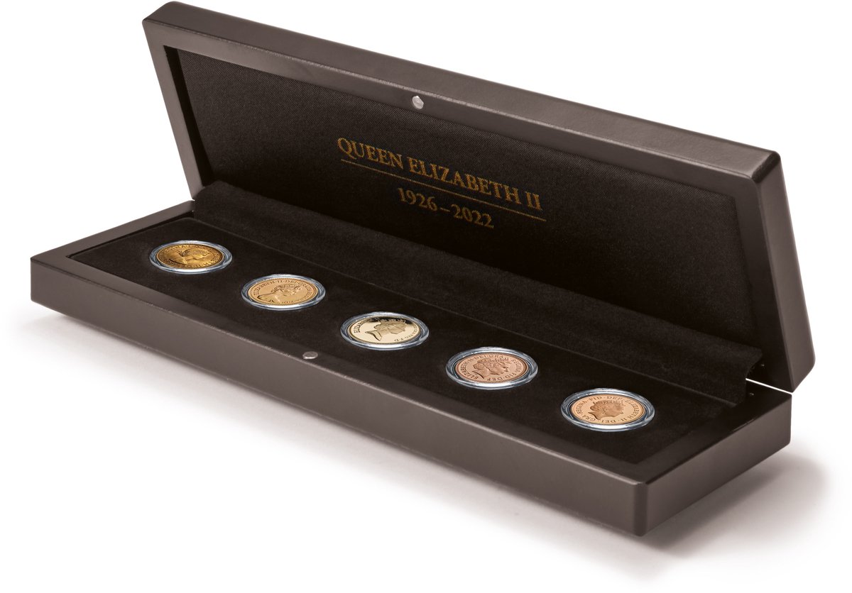 VOLTERRA - Muntkoffer - Muntendoos Koningin Elizabeth II voor 5 gouden munten in capsules