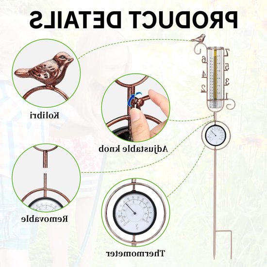 lalago Rain Gauge, Metal Garden Bird Rain Gauge with Thermometer, Outdoor Rain Gauge, Rain Tube, Glass Rain Gauge for Lawn, Courtyard, Garden Decoration van Merkloos	 — afbeelding 2