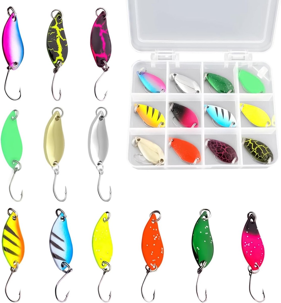 12 stuks Vissen Lepels, 5g Forelvissen Aas met Opbergdoos, Kunstmatige Spinning Aas voor Snoekbaars en Forel