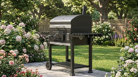 Houtskool Barbecue Grillwagen XXL met Deksel en Thermometer - House&Garden Premium Smoker BBQ - Grote Kolenbarbecue met Warmhoudrek, Ventilatie, Wielen, Legplanken en RVS Frame - Buiten Grill voor Tuin & Terras 153 cm — afbeelding 5