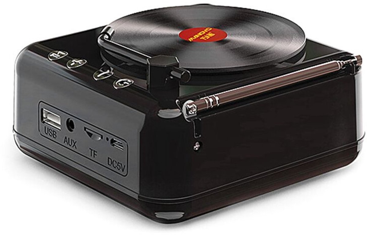 Zwarte vinylplatenspeler Geschikt voor USB V5.0 stereo retro draagbare luidspreker, die TF-kaart/USB-stick/AUX-weergave ondersteunt.