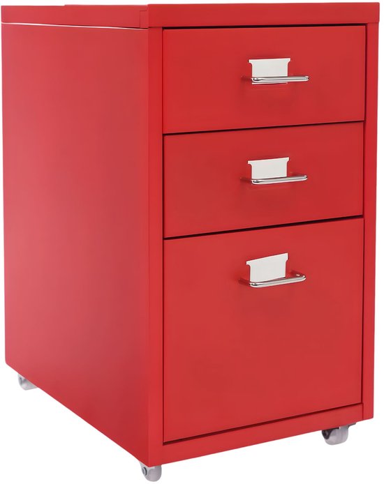 Rode archiefkast met 3 lades en zilverkleurige handgrepen, op wieltjes, geïsoleerd op witte achtergrond.