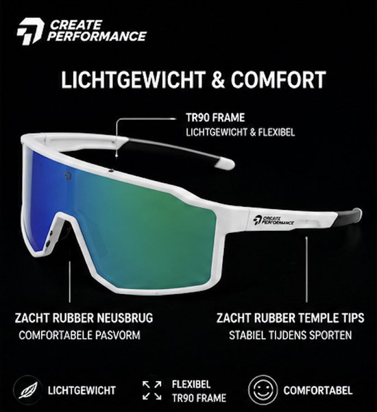 CREATE PERFORMANCE Sportbril - Gepolariseerde Sport Zonnebril UV400 - Fietsbril voor Wielrennen - Hardlopen - Outdoor - TR90 Lichtgewicht - Groen Lens van create — afbeelding 4